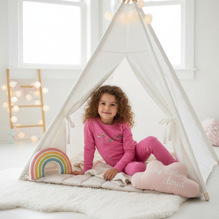 Kids pink pajama set with long sleeves and mushroom print; elastic-waist pants