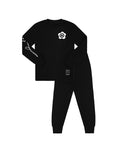 Kids black long-sleeve pajama set with flower patch top and matching leggings