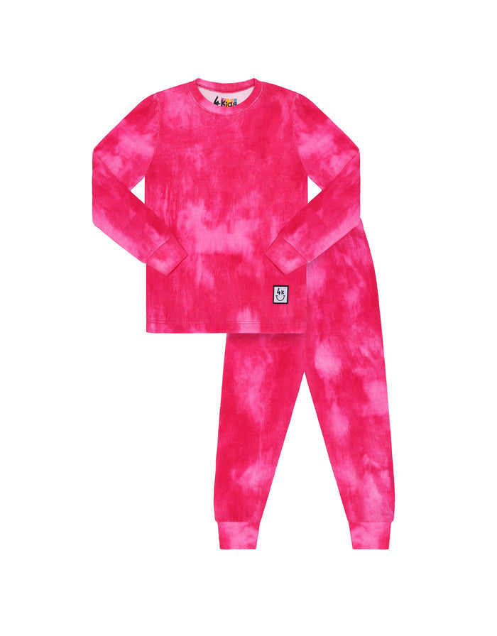Kids pink tie-dye pajama top and leggings set with long sleeves and cuffed legs