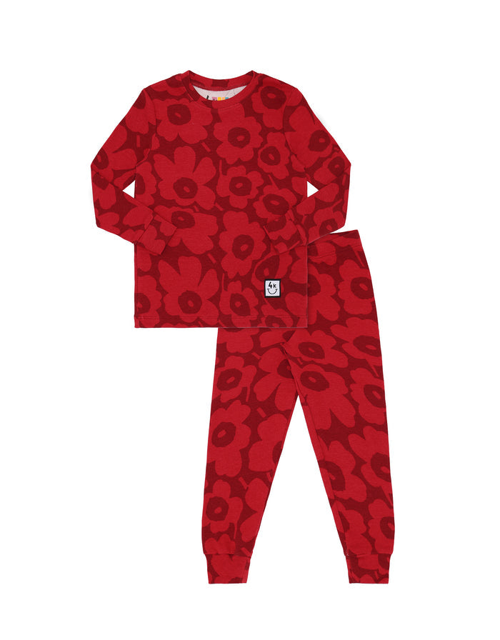Kids red floral-pattern long-sleeve pajama top and leggings set