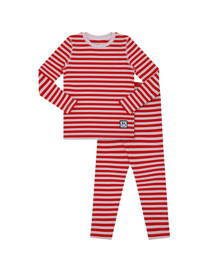 Kids red and pink striped pajama top and leggings set with stitched seams