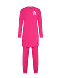 Kids pink tunic pajama set with long sleeves, daisy flower patch and matching leggings