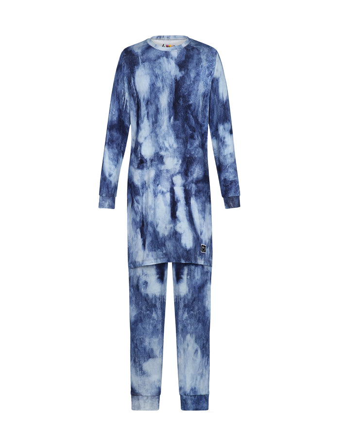 Kids blue tie-dye tunic pajama set with leggings, long sleeves and pants