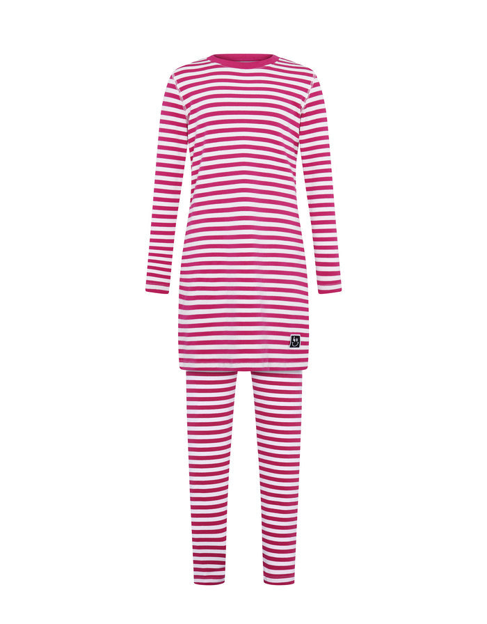 Kids burgundy and pink striped tunic pajama set with matching leggings