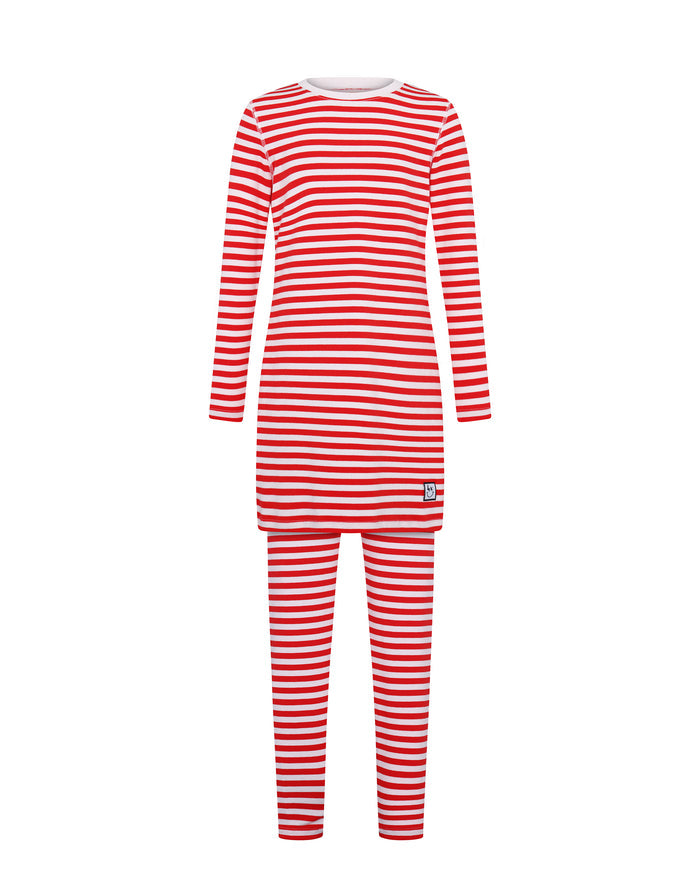 Kids striped tunic pajamas set with long-sleeve top and matching leggings, red and white
