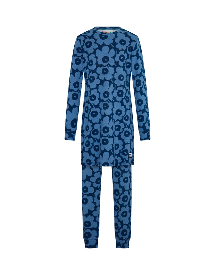 Kids blue pima cotton tunic set with long sleeves and floral puff print, matching leggings