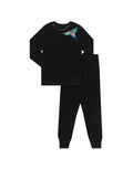 Kids black pajama legging set with long-sleeve top and colorful bird chest print