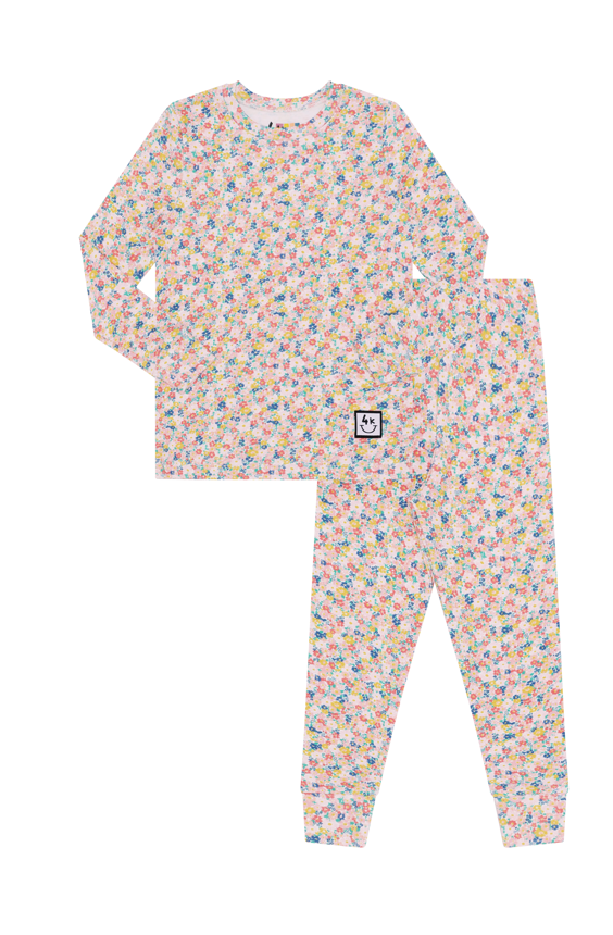 Kids' pajama set, pastel floral long-sleeve top and matching pants