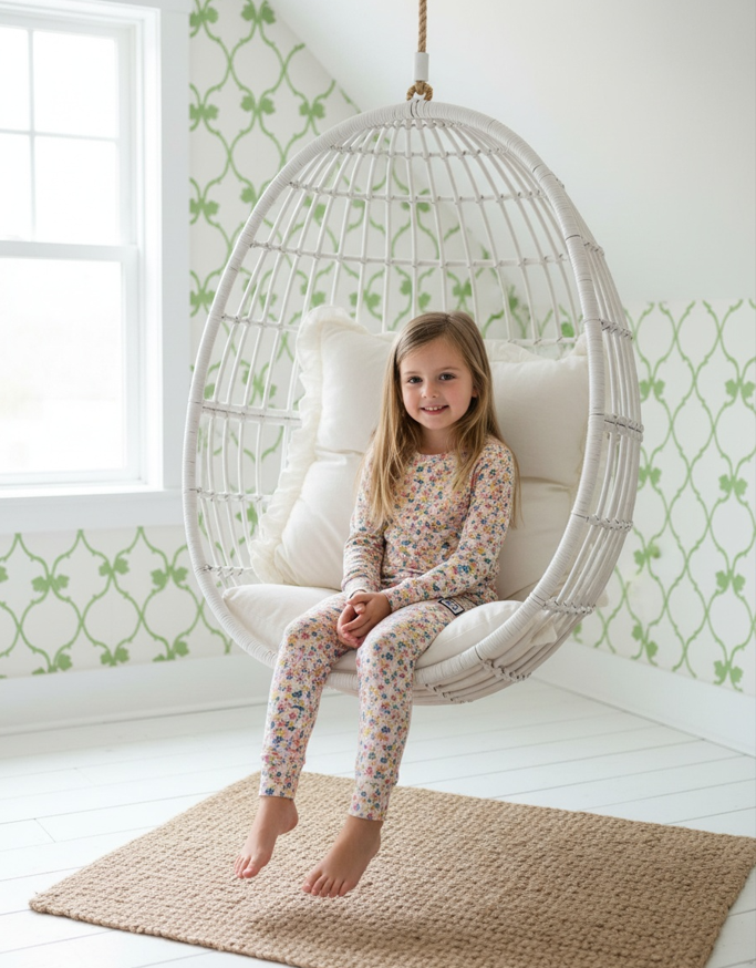 Kids' floral pajama set, long-sleeve top and pants worn by child