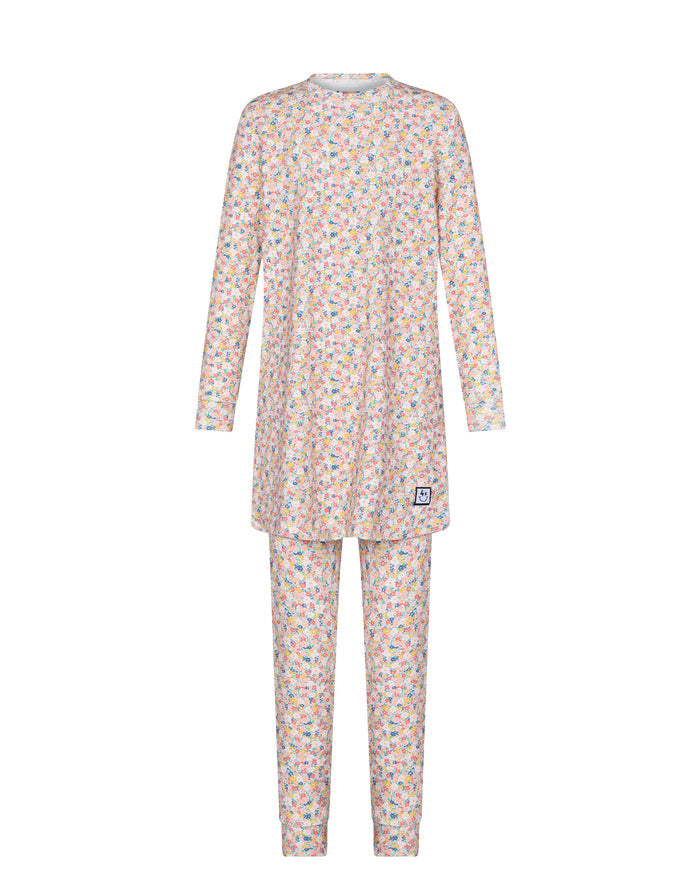 Floral teen tunic set: long-sleeve tunic top and matching pajama pants, multicolor