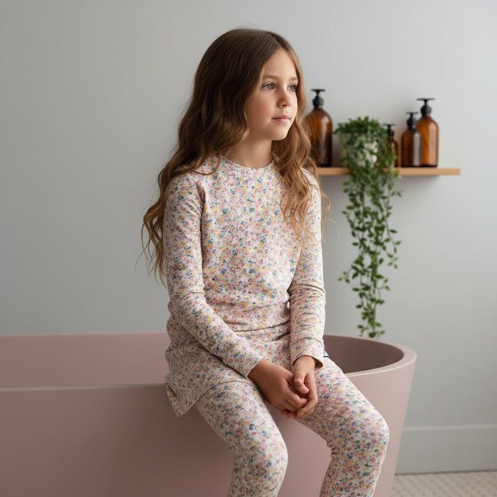 Teen floral long-sleeve tunic with matching pajama pants, light multicolor print