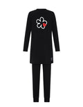 Black long-sleeve tunic and pant set with chest butterfly applique