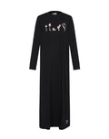 Black long-sleeve teen nightgown, crew neck, colorful mushroom graphic