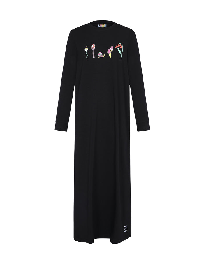 Black long-sleeve teen nightgown, crew neck, colorful mushroom graphic