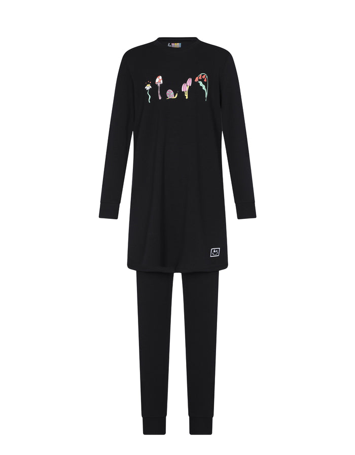 Girls black long tunic and leggings set with colorful mushroom graphic and hem patch