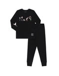 Black long-sleeve pajama top and pants set with colorful character graphic