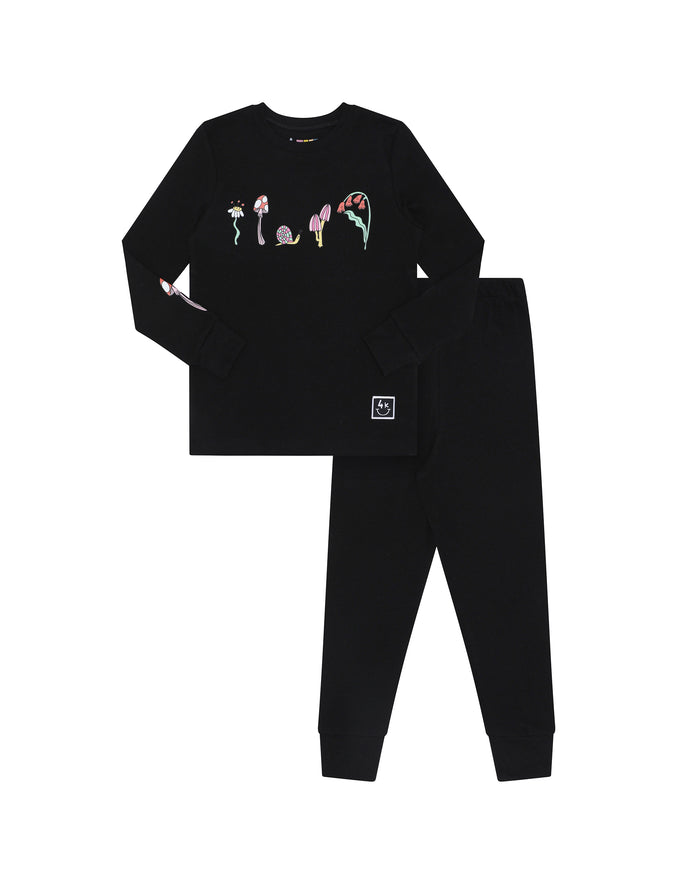 Black long-sleeve pajama top and pants set with colorful character graphic
