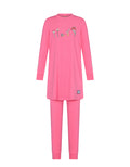 Pink teen tunic and legging set with long sleeves and playful front graphic