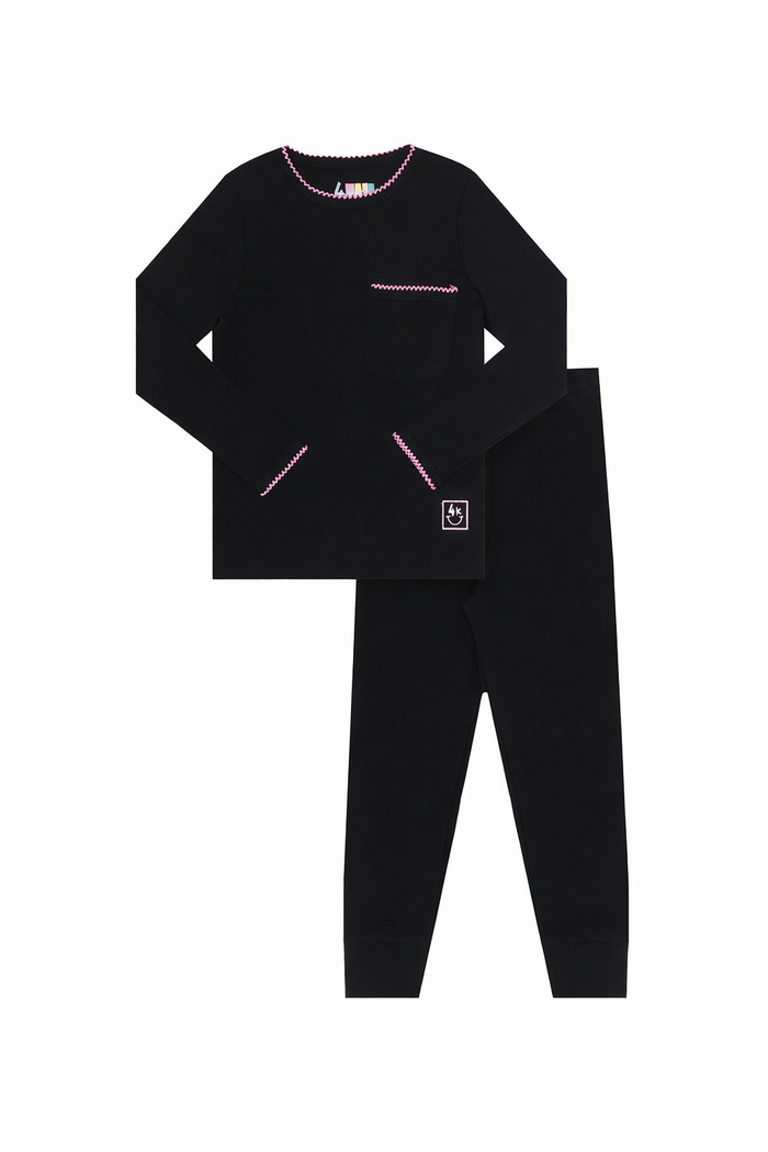 Kids pajama set with long-sleeve black top and matching black leggings, pink picot trim