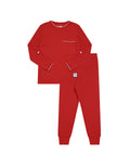 Kids red cotton pajama legging set with long sleeves and chest pocket