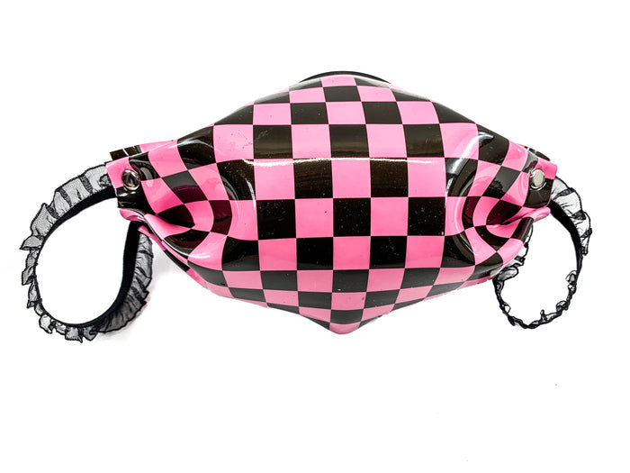 Pink Checkeredboard Face Mask Synthetic Leather Elastic Lace ups
