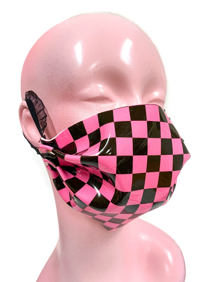 Pink Checkeredboard Face Mask Synthetic Leather Elastic Lace ups