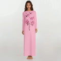 Pink long-sleeve nightgown with floral rose print and crew neckline