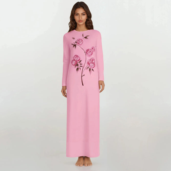 Pink long-sleeve nightgown with floral rose print and crew neckline