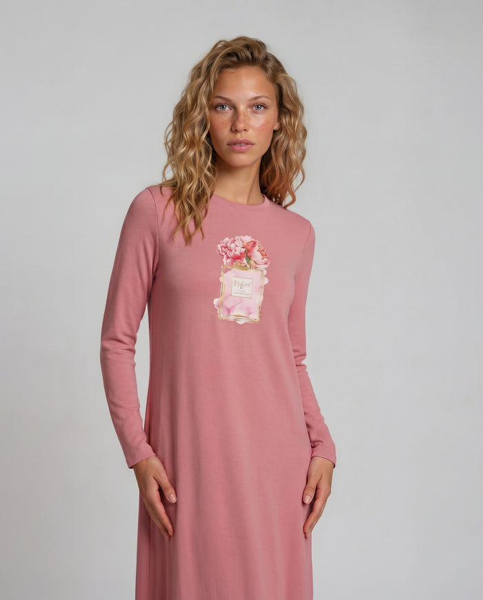 Pink long sleeve pull on  nightgown sleepwear with screen print perfume bottle motif.