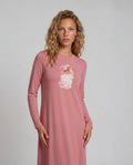 Pink long sleeve pull on  nightgown sleepwear with screen print perfume bottle motif.