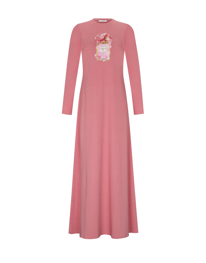 Pink long sleeve pull on  nightgown sleepwear with screen print perfume bottle motif.