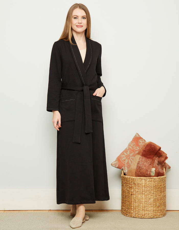 Black plush-lined wrap robe with belt, long sleeves and subtle trapunto stitching