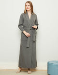 Heather gray plush lined wrap robe with belt tie and shawl collar