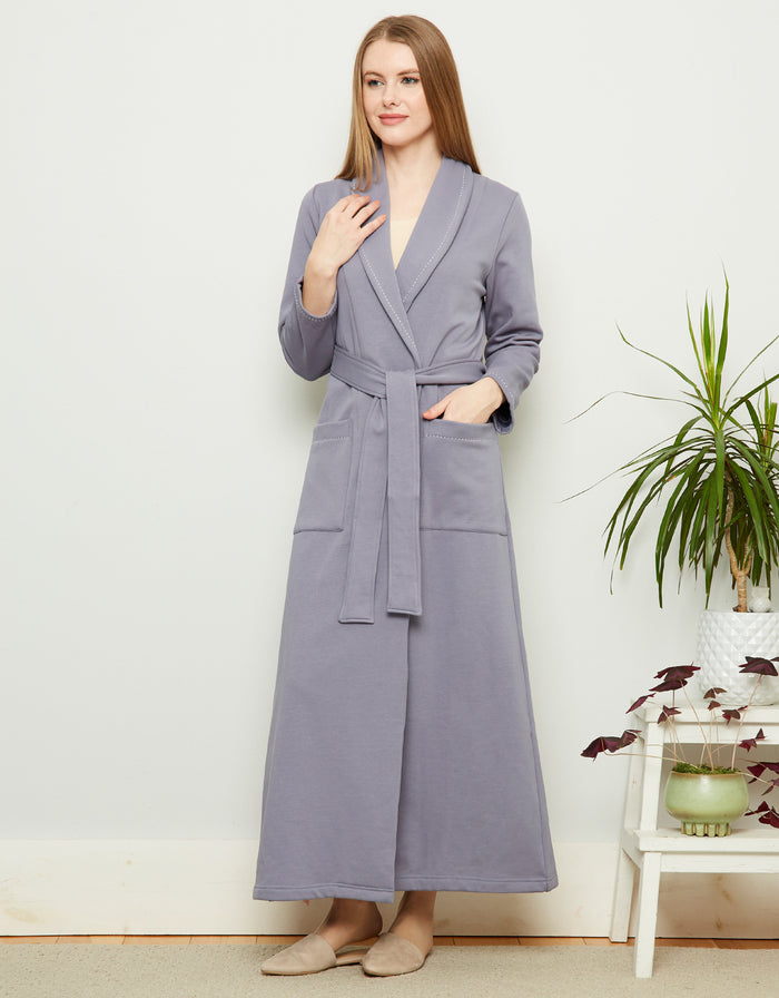 Plush-lined belted wrap robe in periwinkle blue, long sleeves, front pockets and tie belt