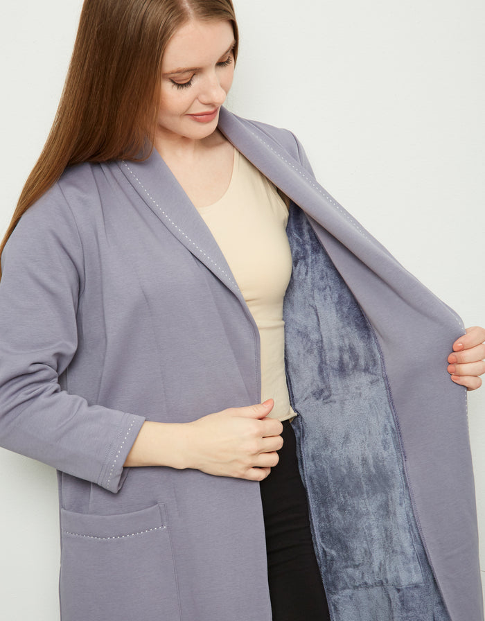 Plush-lined wrap robe with open front, quilted trapunto-style lining in textured blue