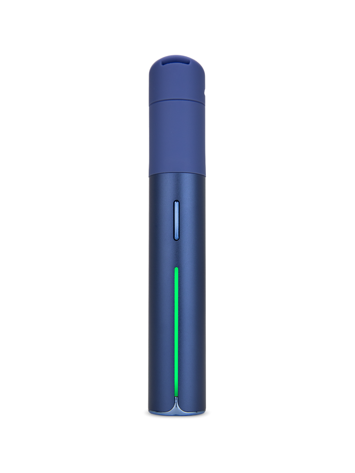 Puffco Pivot Sapphire dab pen front view with blue body, slim button, and green light bar