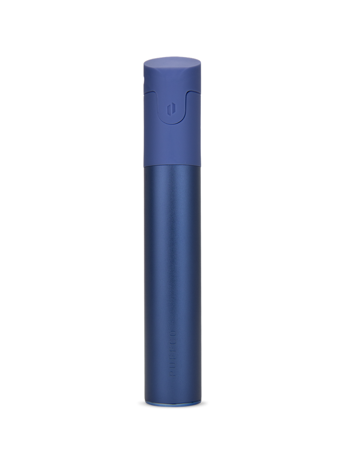 Puffco Pivot Sapphire dab pen rear view with matte blue mouthpiece and compact pen body