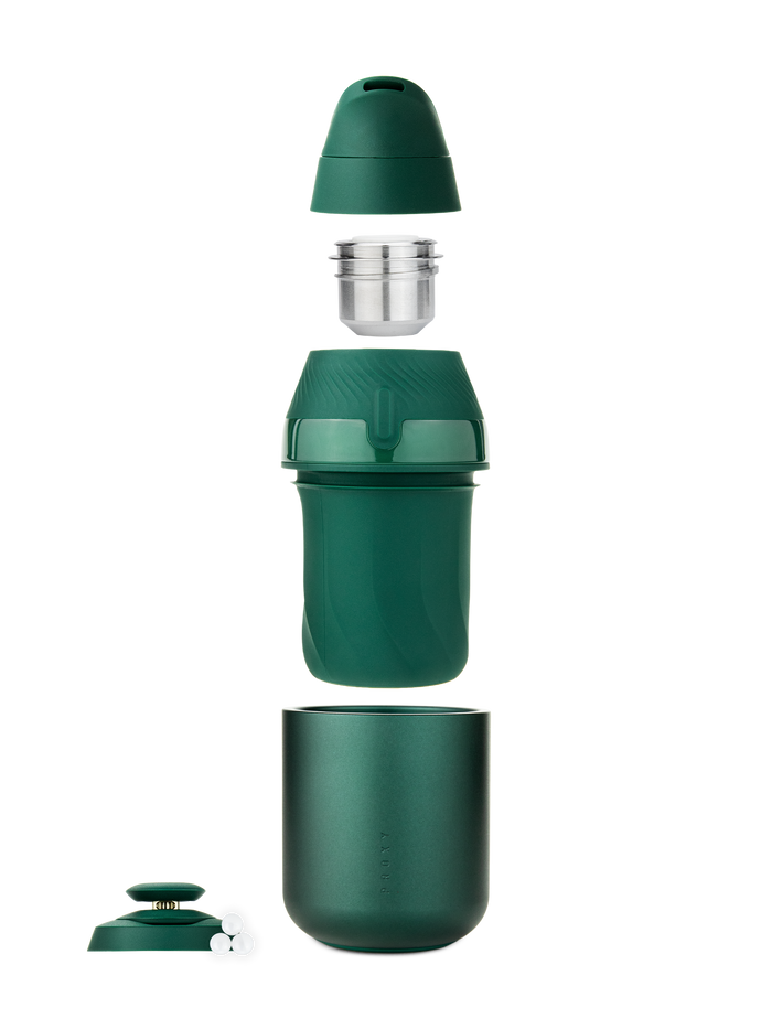 Exploded view of Pine Puffco Proxy Core Kit showing chamber, mouthpiece, cup, base, and terp pearls