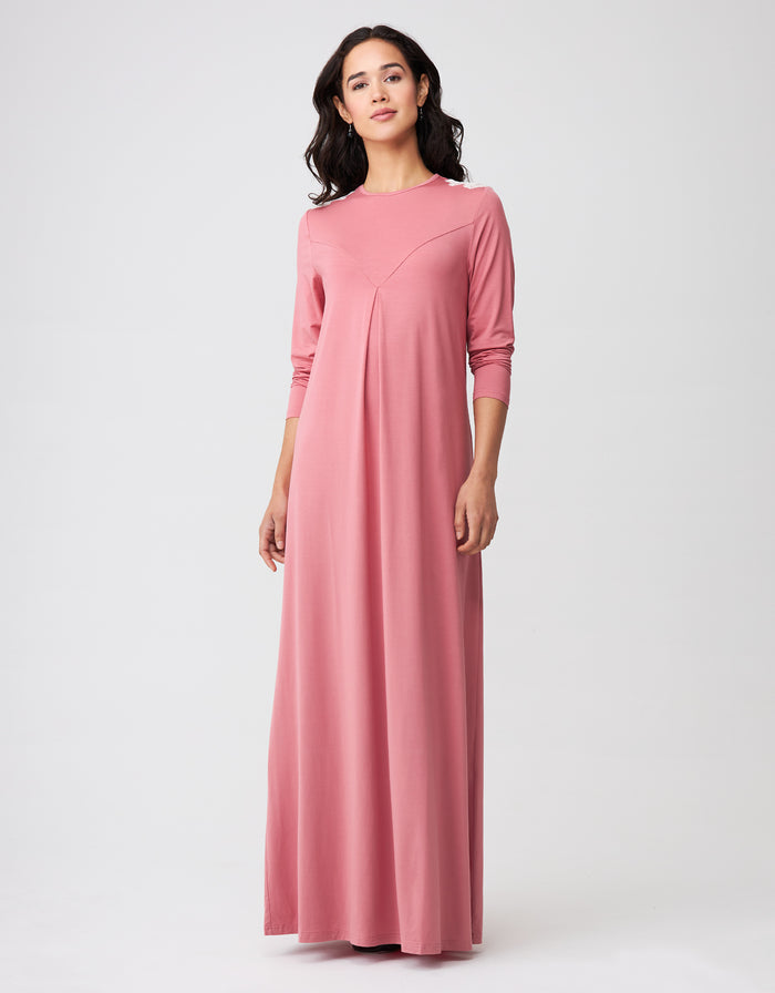 Pink pull-on V-cut nightgown with lace trim at neckline and 3/4 sleeves