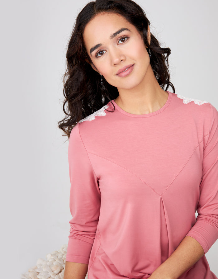 Pink V-neck pull-on nightgown with lace-trimmed shoulders and draped bodice detail
