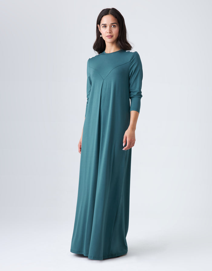 Teal pull-on nightgown with V-cut neckline and lace trim, long sleeves, maxi length