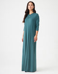 Teal pull-on layered nursing nightgown with long sleeves and French lace neckline trim
