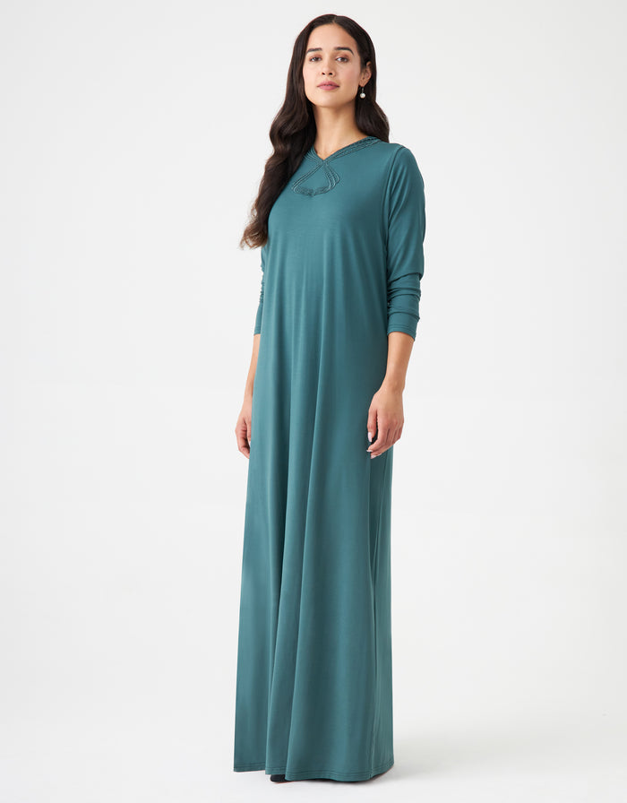 Teal pull-on layered nursing nightgown with long sleeves and French lace neckline trim