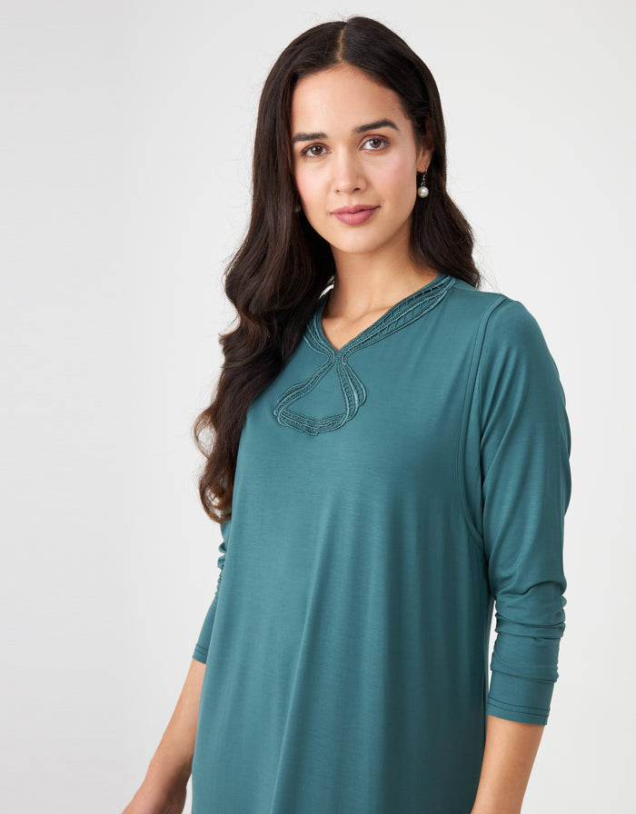 Teal pull-on nursing nightgown with long sleeves and French lace V-neck overlay