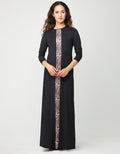 Black pull-on nightgown with satin animal-print stripe down center, long sleeves