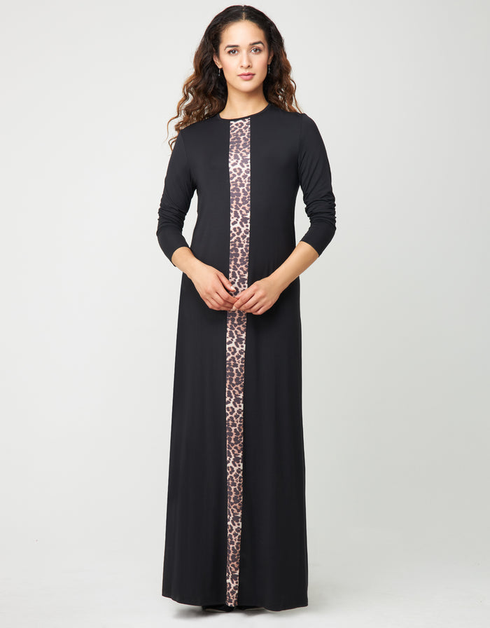 Black pull-on nightgown with satin animal-print stripe down center, long sleeves