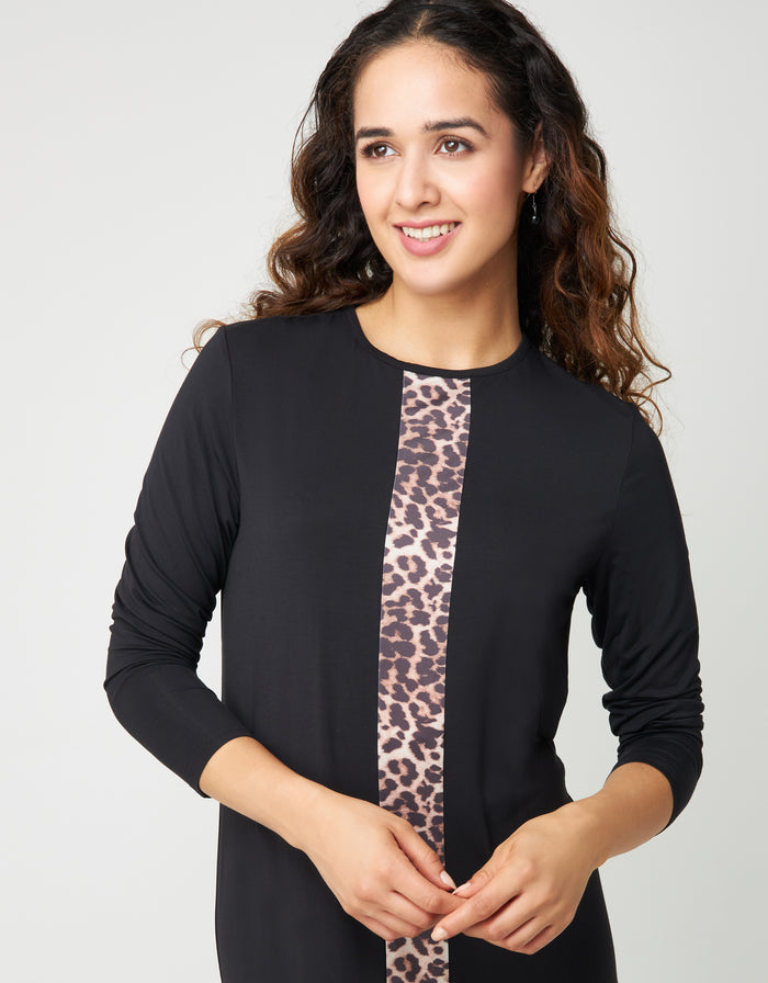 Black nightgown with center satin animal-print panel, long sleeves and crew neck