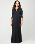 Black pull-on nightgown with animal-print satin trim at neckline, long sleeves
