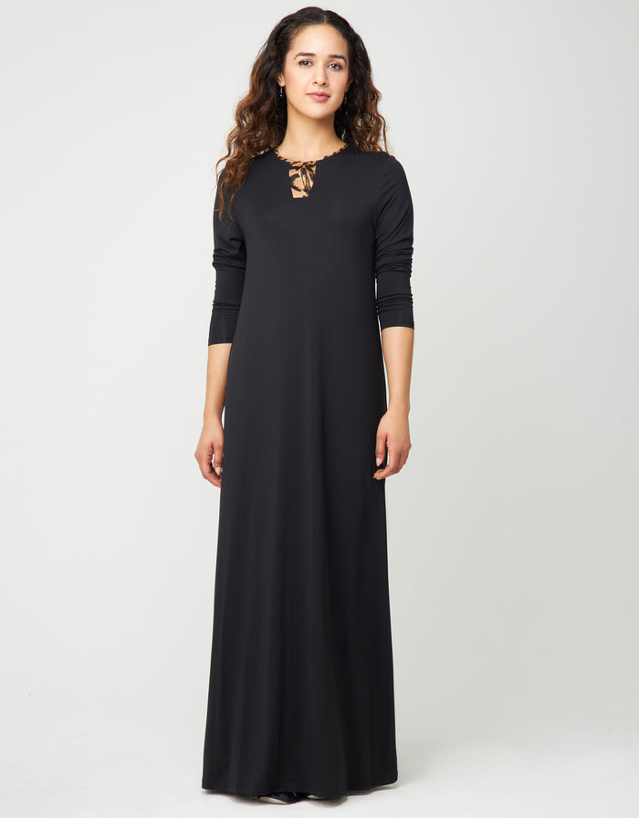 Black pull-on nightgown with animal-print satin trim at neckline, long sleeves