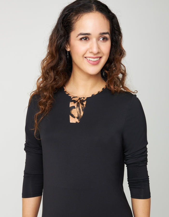 Black pull-on nightgown with animal-print satin keyhole trim, 3/4-length sleeves